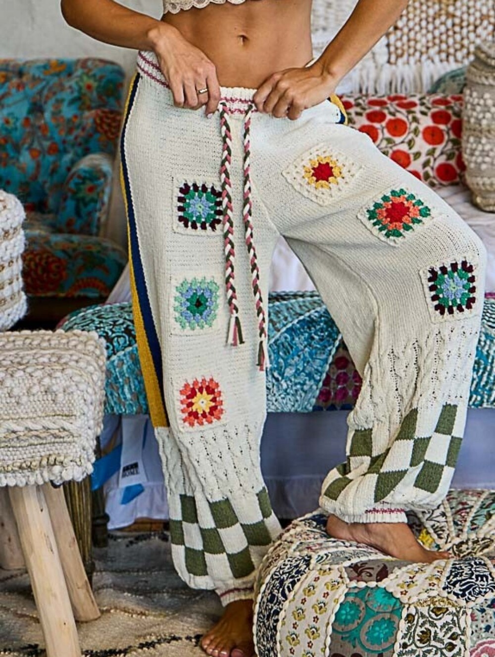 POL Crochet Granny Square Patch Wide Leg Chenille Sweater Joggers - Cream Multi